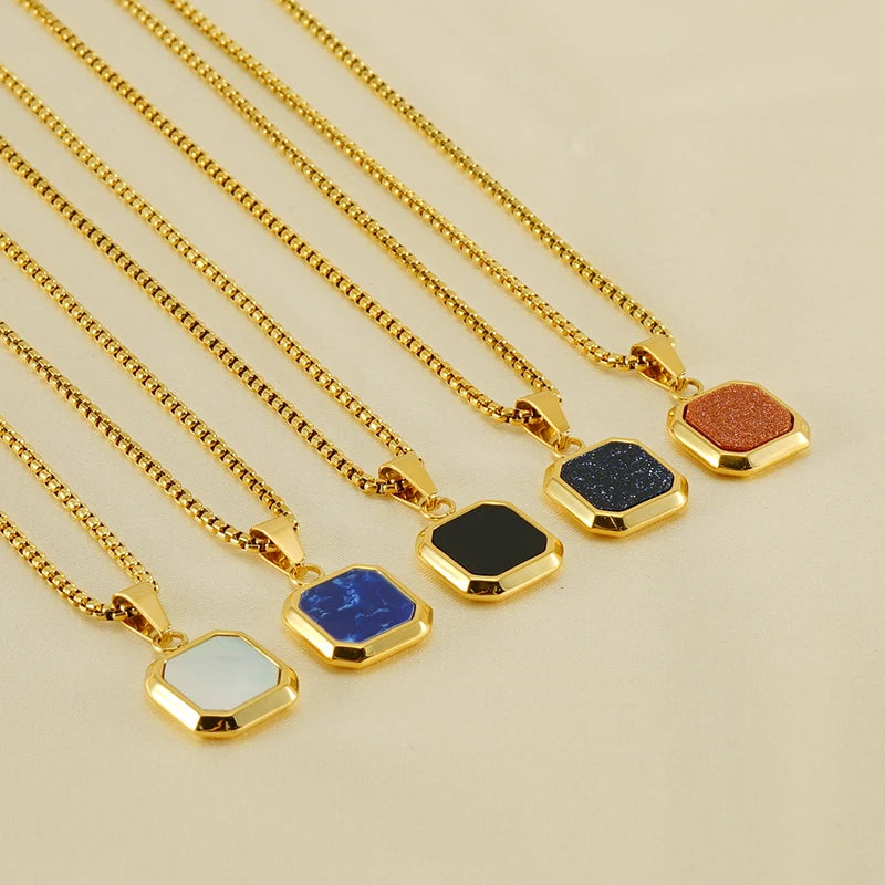 Vintage Square Stone Pendant Necklace with Stainless Steel Chain