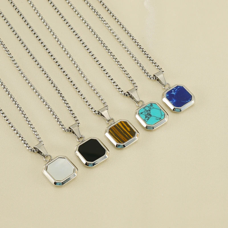 Vintage Square Stone Pendant Necklace with Stainless Steel Chain