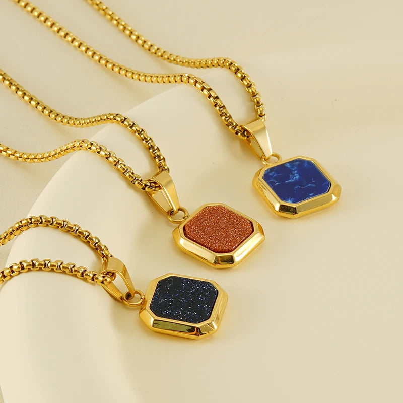 Vintage Square Stone Pendant Necklace with Stainless Steel Chain