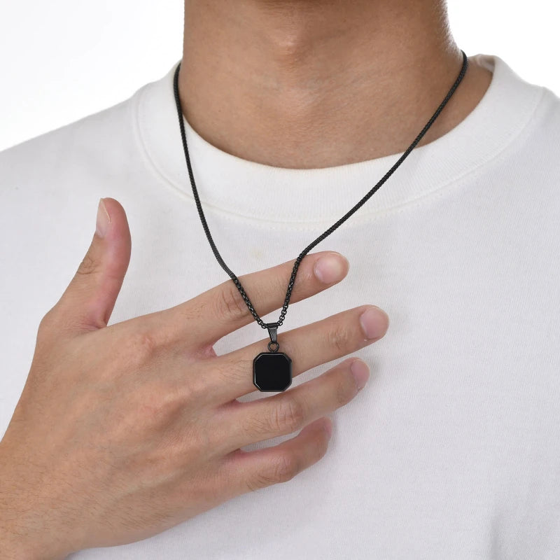 Vintage Square Stone Pendant Necklace with Stainless Steel Chain