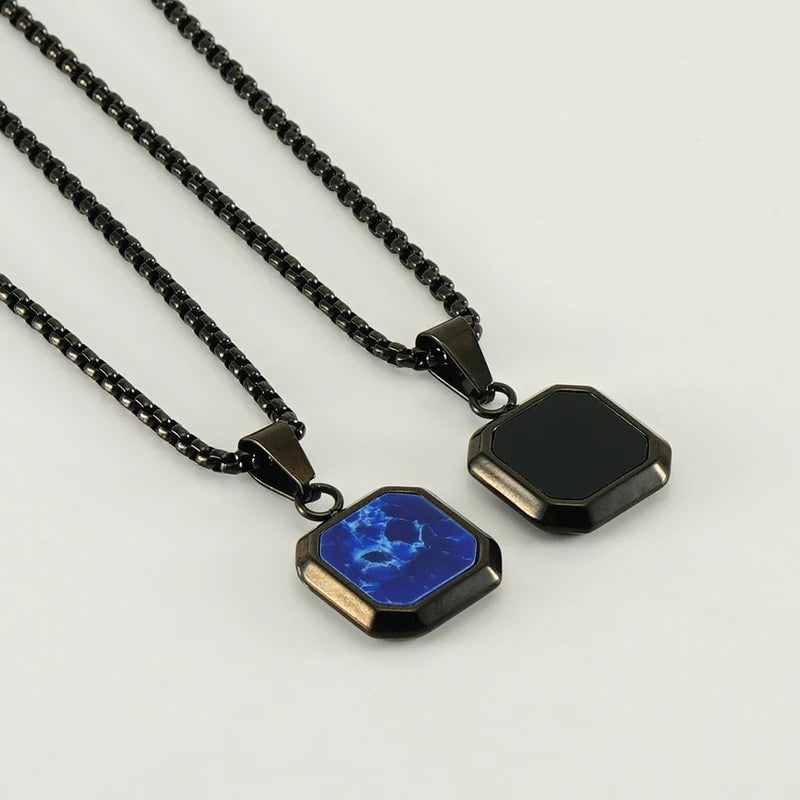 Vintage Square Stone Pendant Necklace with Stainless Steel Chain