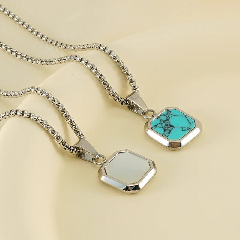 Vintage Square Stone Pendant Necklace with Stainless Steel Chain